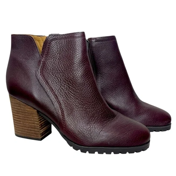 Franco Sarto Burgundy Leather Lugg Sole Maysen Heeled Booties Sz 10 - Picture 1 of 11